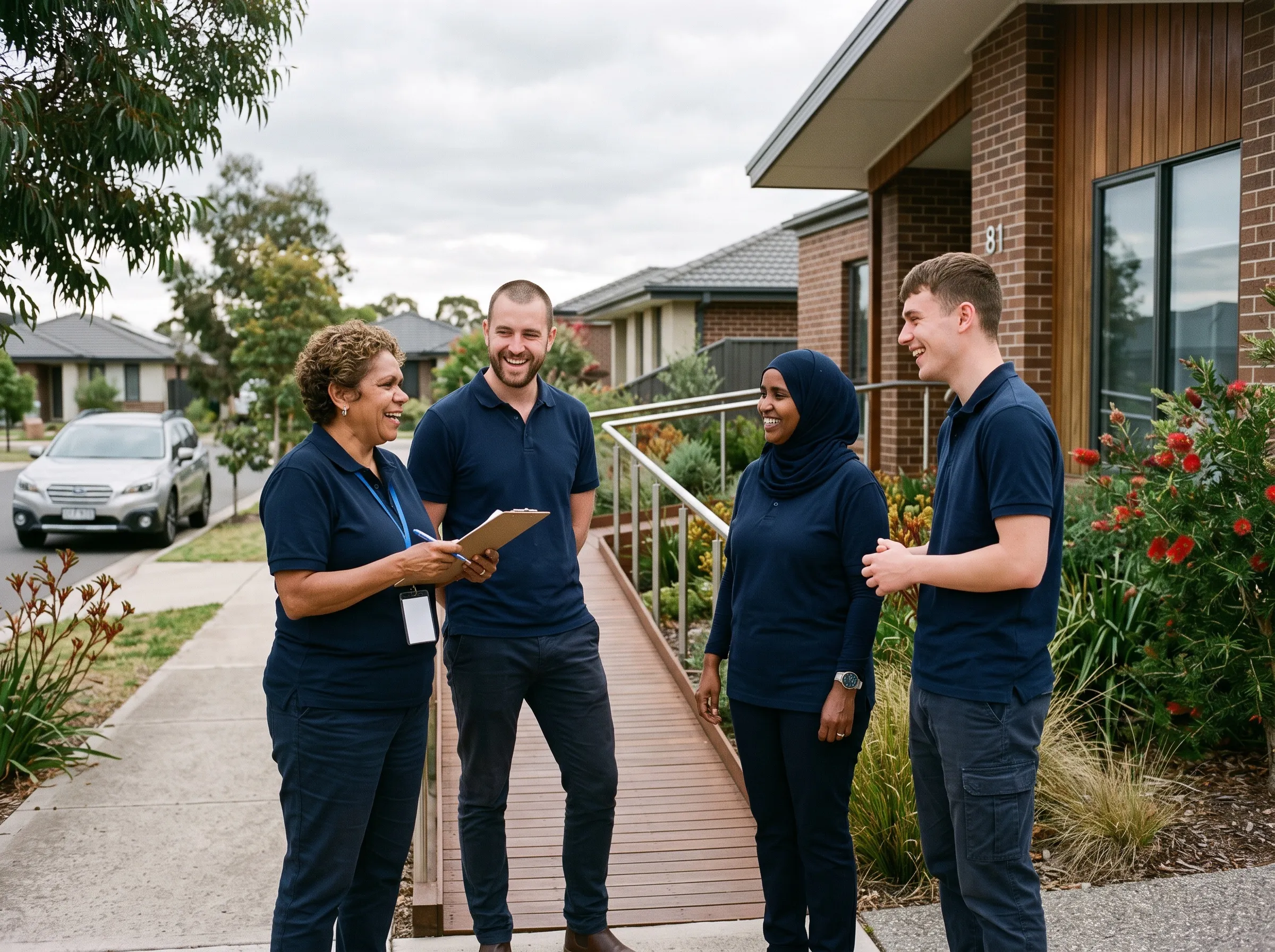 A multicultural support team chatting outside a modern accessible home with ramp access